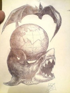Эскиз татуировки с изображением акулы, земного шара и летучей мыши
